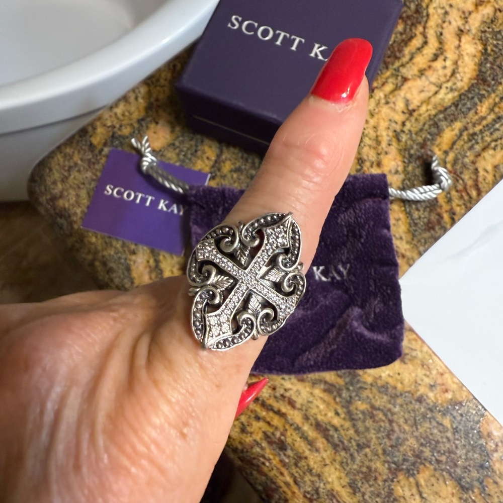 Scott Kay Filigree Cross White Sapphires Sterling Silver Saddle Ring Size 7 EUC